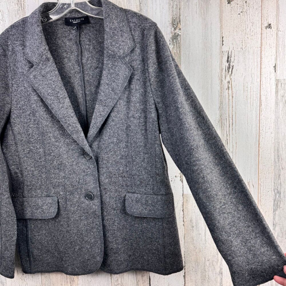 Talbots Petites Blazer Womens 12 Grey Wool Blend Jacket Felted Knit Lightweight - Picture 4 of 10